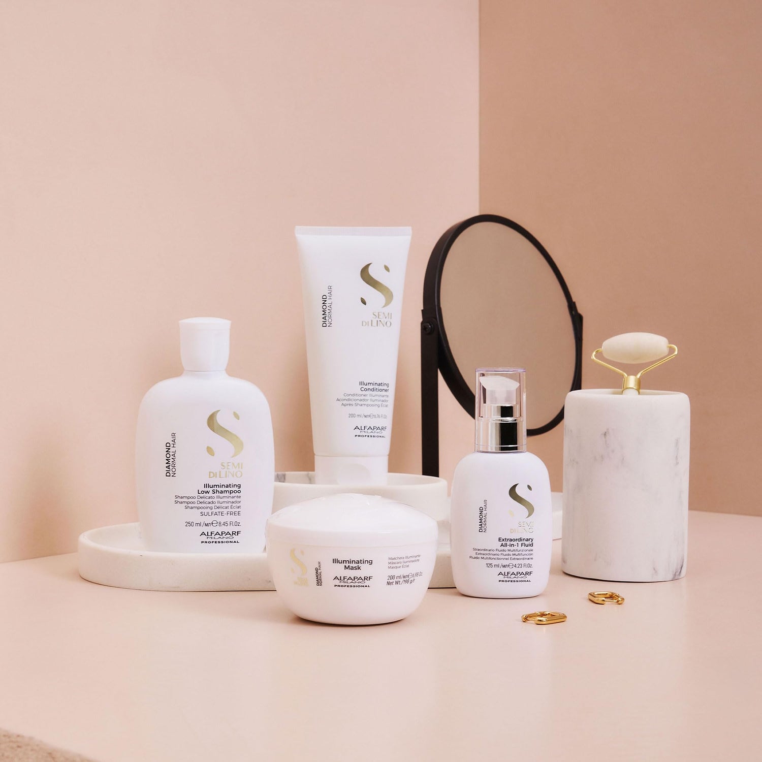 Alfaparf Semi di Lino Diamond hair care collection products for shiny and smooth hair