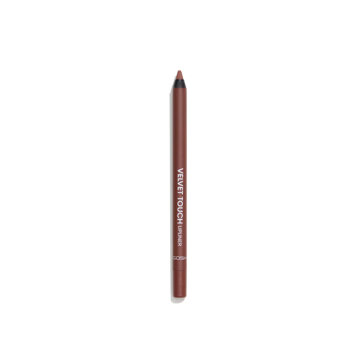 Perfilador de labios Velvet Touch tono Raisins color ciruela oscuro aplicado en labios para un acabado intenso, elegante y de larga duración