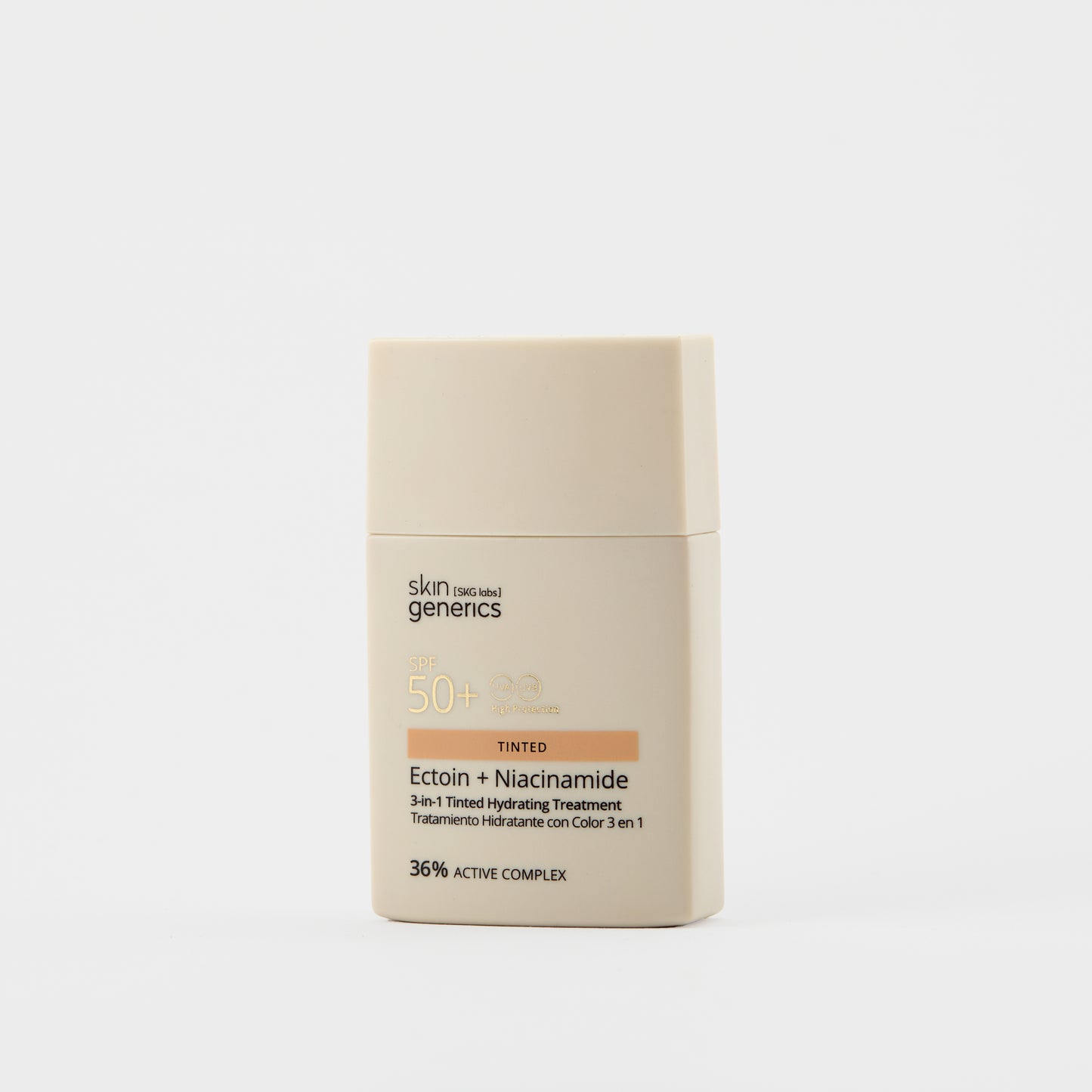 Envase de Skin Generics Tratamiento Hidratante con Color 3 en 1 SPF50+ de 30 ml.