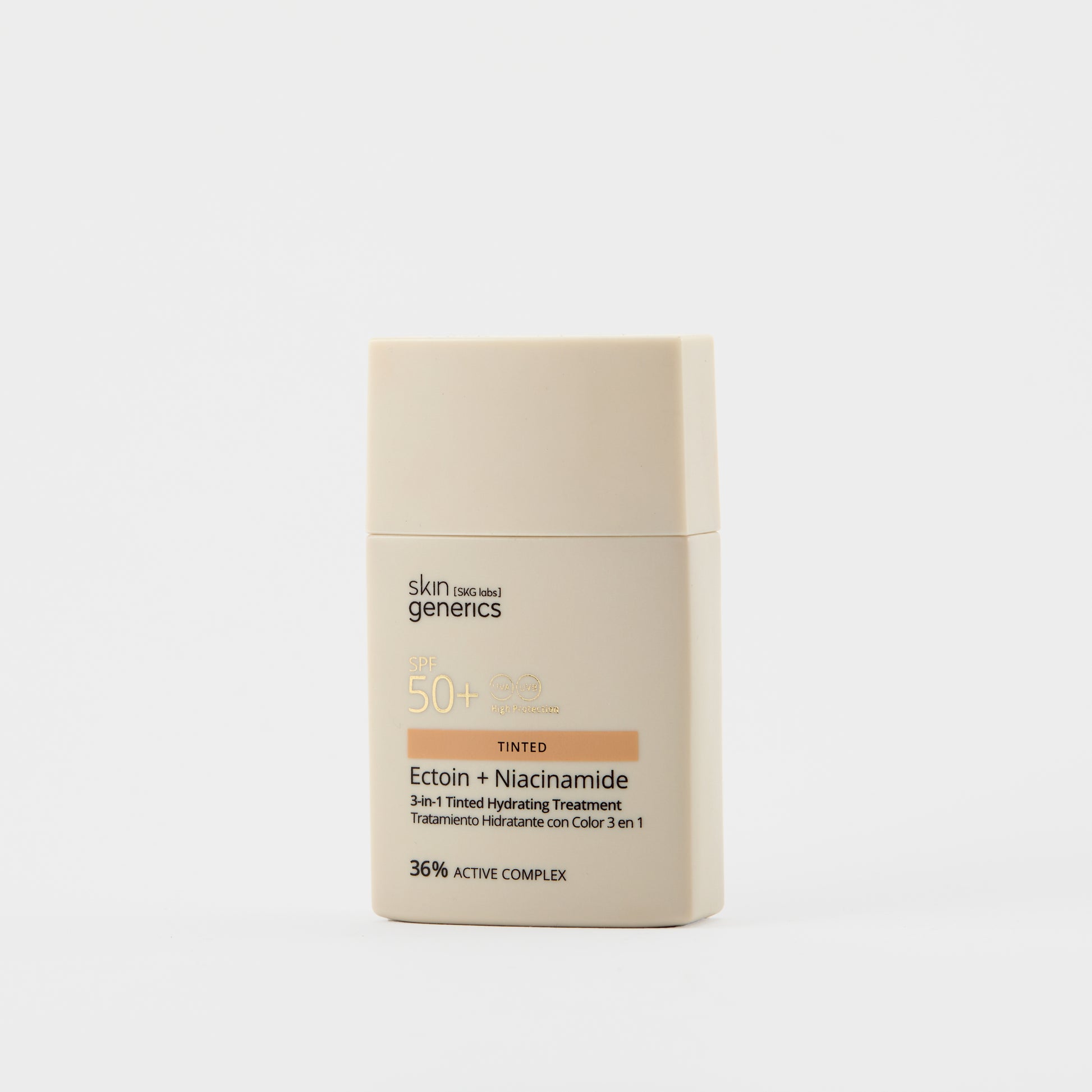 Envase de Skin Generics Tratamiento Hidratante con Color 3 en 1 SPF50+ de 30 ml.