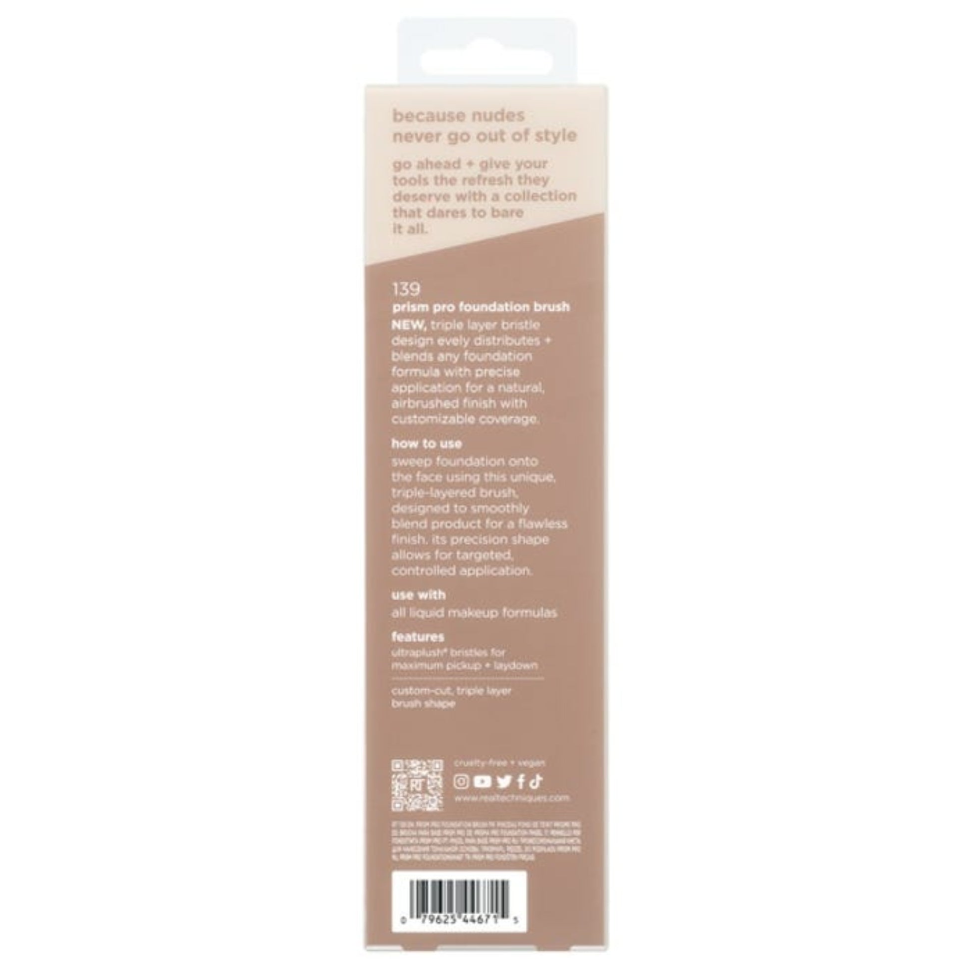 Real Techniques Prism Pro foundation brush New Nude edition with original packaging behind professional makeup brush for base application