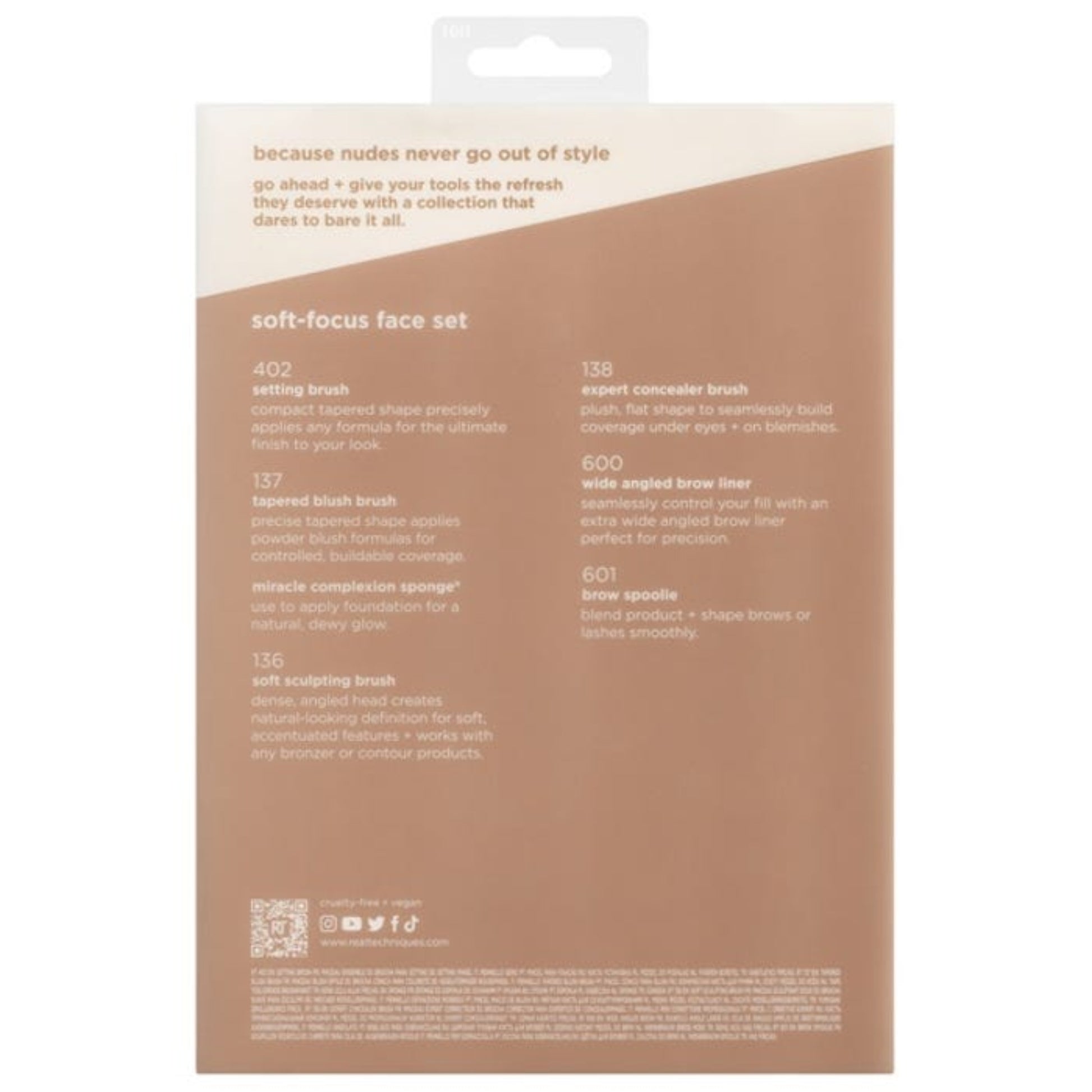 Real Techniques New Nude Soft Focus Face Set packaging behind professional makeup brushes and sponges