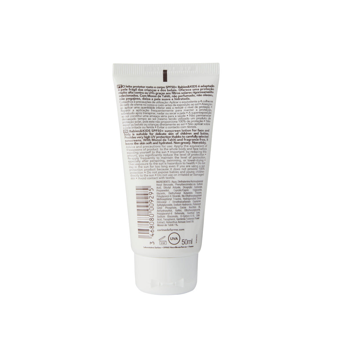 Corine de Farme Crema Protectora Facial y Corporal Niños & Bebés FPS50+ 50 ml vista trasera con información del producto.