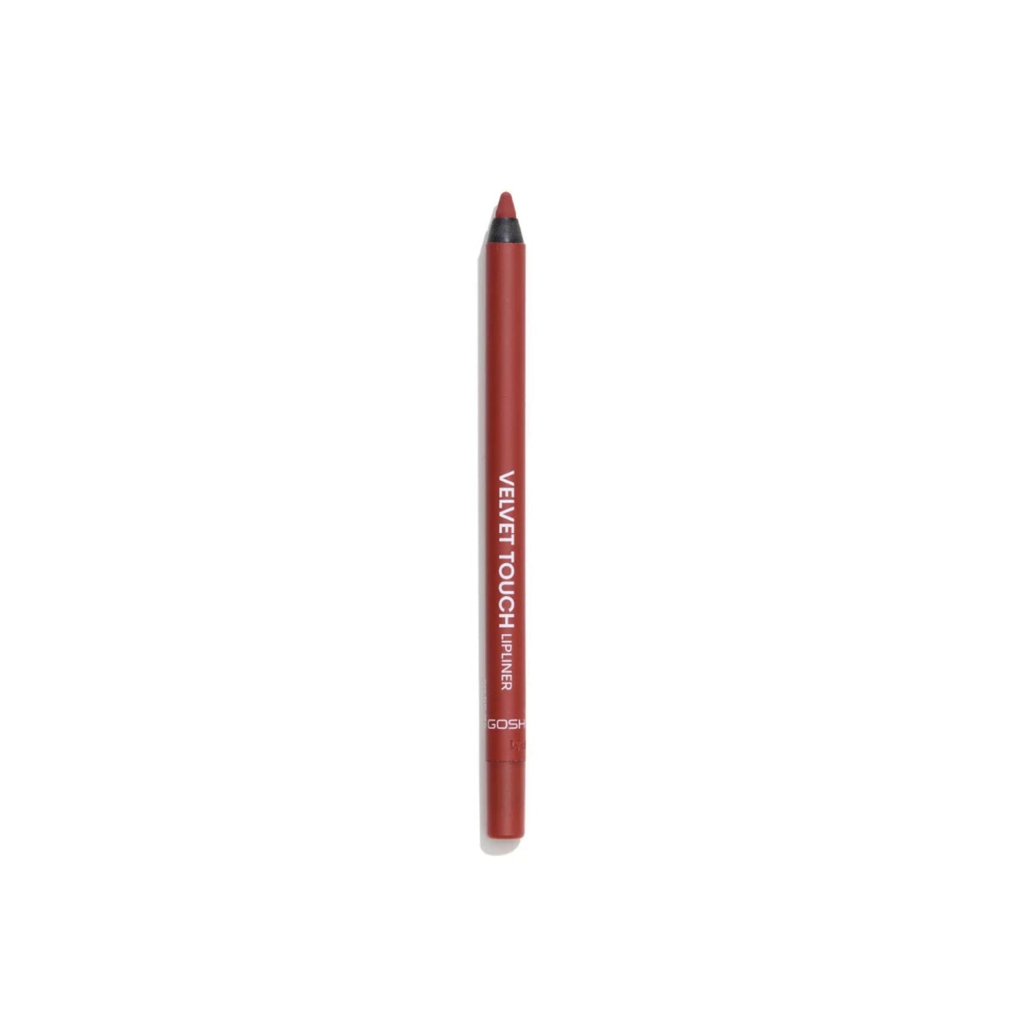 Perfilador de labios Velvet Touch tono The Red rojo intenso aplicado en labios para un look llamativo, definido y de alta pigmentación
